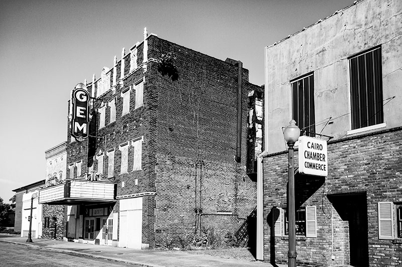 Gem Theatre in Cairo Illinois, photographed in black and white by Keith Dotson