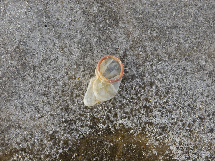Used condom on a frosty morning
