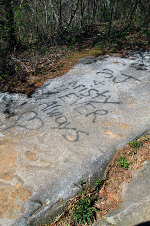 Spray paint vandalism on rock paths near the top of Ozone Falls