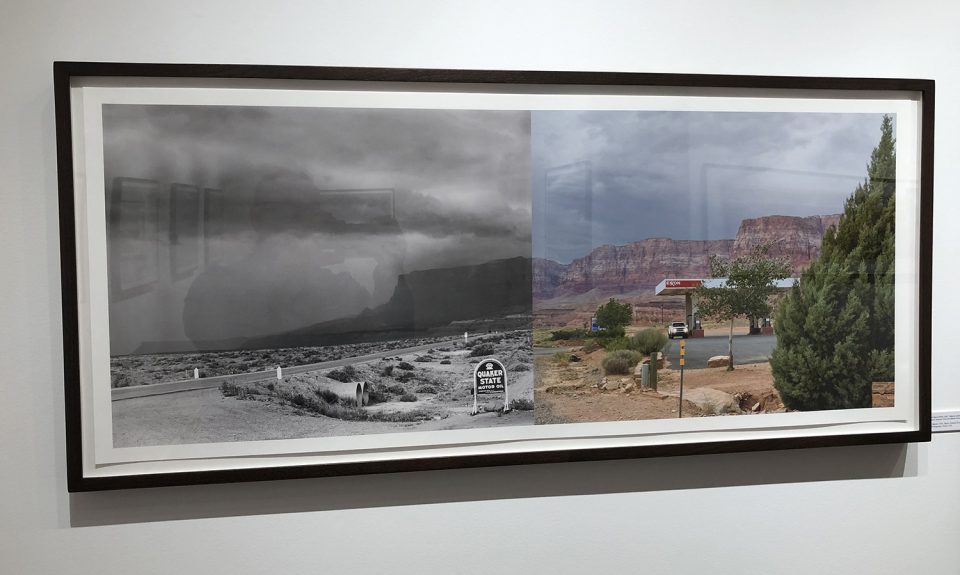 Here, Klett revisits the location of a famous photograph, juxtaposing his color photo into the panorama with the original black and white print.