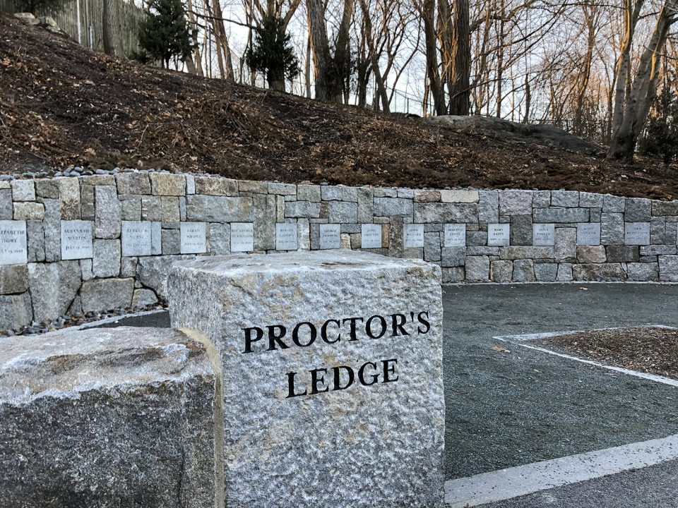 The small memorial on Pope Street recognizes the victims of the witch trial debacle. Names of victims are engraved in stones spaced across the semi-circular wall that lines the base of the hill.