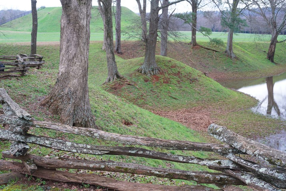 Borrow pits and mounds at Etowah Mound Site in Georgia.