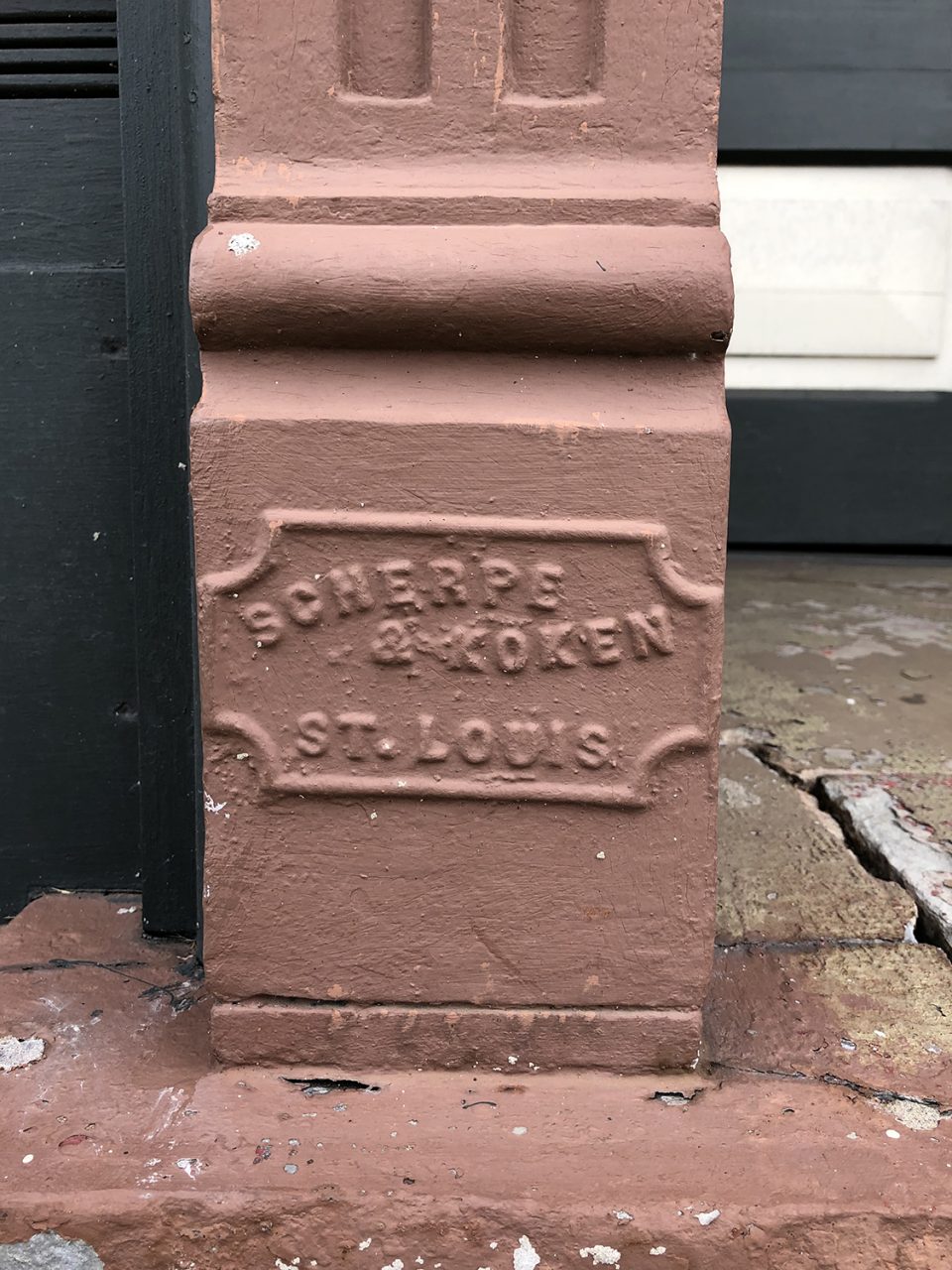 Iron work column bearing the name of Scherpe & Koken, made in St. Louis, found in Alabama.