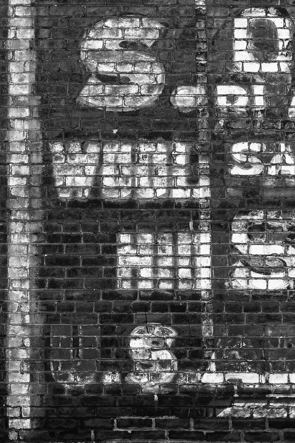 Black and white photograph of overlaid ghost signs for a variety of products and businesses, including Red Spot Paints, and saddles and horse blankets.
