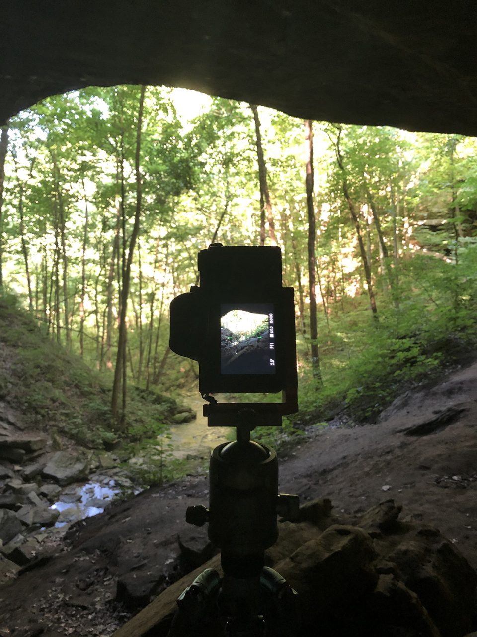 A look at he camera on a tripod inside the cave.