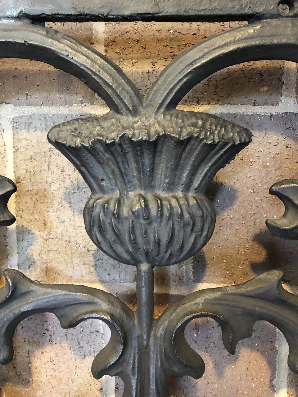 Cast iron thistle design on an 1848 parapet grille seen in the Charleston Museum.