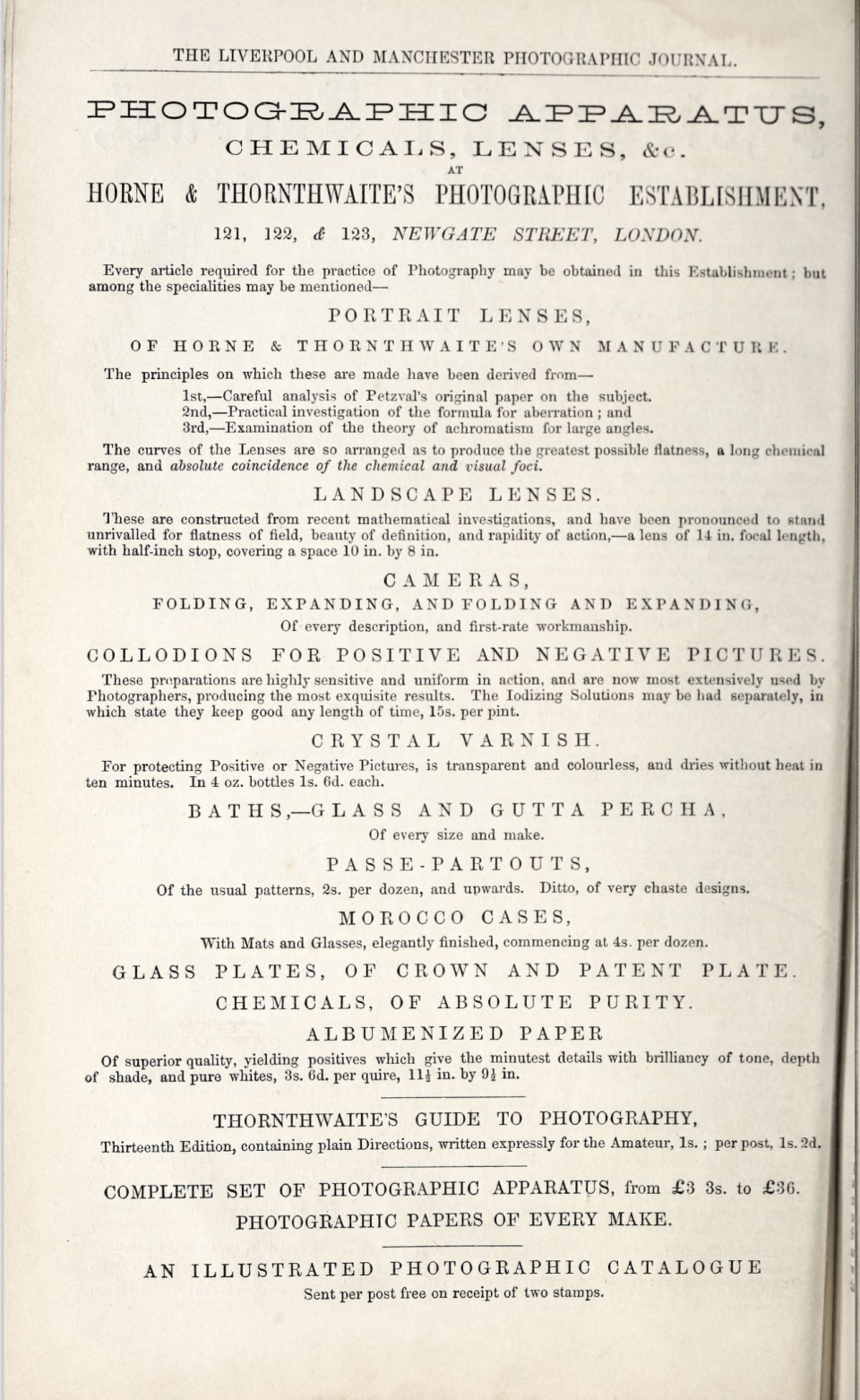 Print advertisement for Horne & Thornthwaite's Photographic Establishment, found in the 1857 edition of The Liverpool and Manchester Photographic Journal