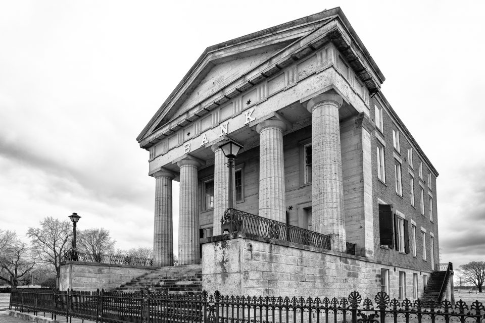 Old Shawneetown Bank built 1841 in southern Illinois, black and white photograph by Keith Dotson.