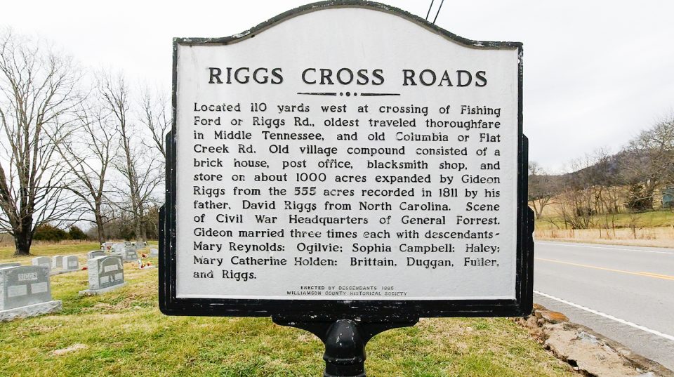 Photograph of the historical marker located at Riggs Crossroads in Williamson County, Tennessee