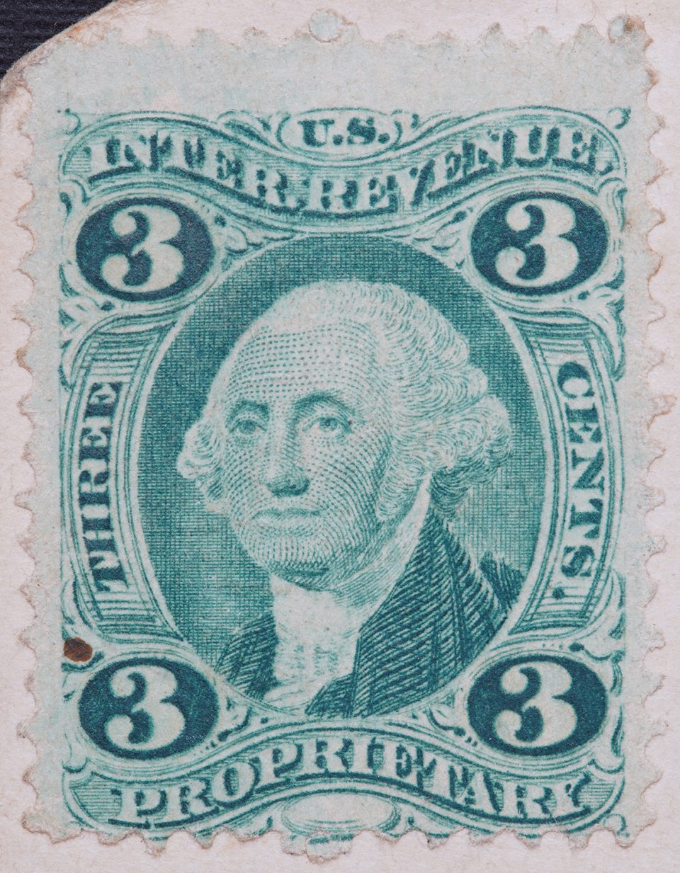 High resolution photograph of an 1864-66 U.S. tax stamp, used to pay for the cost of the U.S. Civil War. Stamps like this were affixed to photographs for two years. This is a generic 3-cent tax stamp that says "Proprietary."