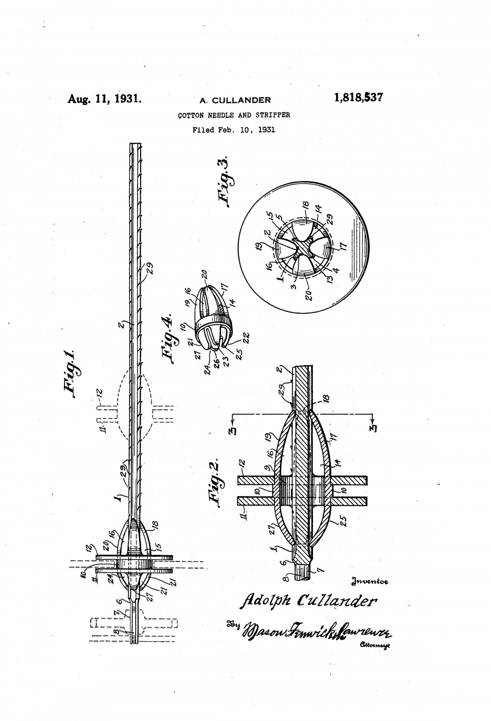 Adolph Cullander's second patent, granted in 1931 for his invention of a cotton needle and stripper.