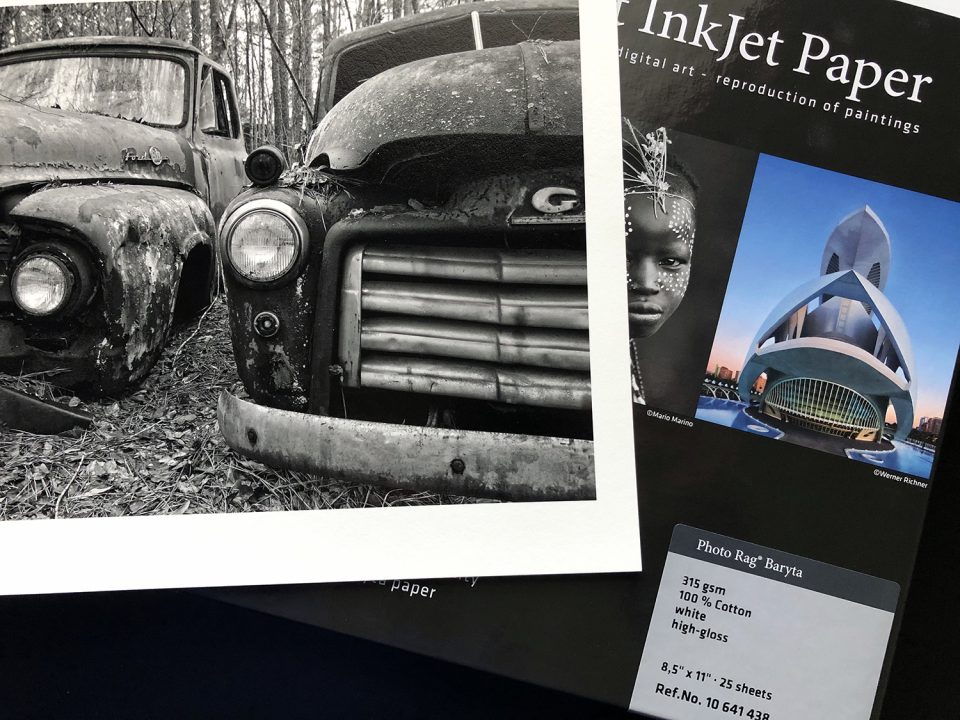 My favorite printer papers: Either Fine Art Baryta or Photo Rag Baryta made by Hahnemühle. The only difference is one is on an alpha cellulose base and the other a cotton base. You can see a comparison in the video below.