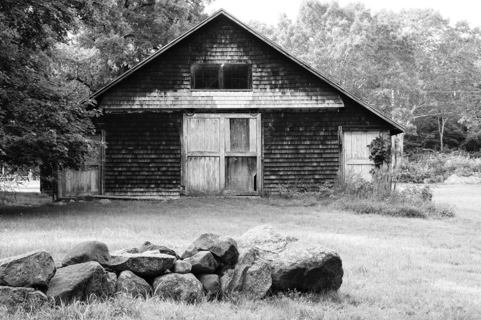 New England Barn and Stone Wall: Black and White Landscape Photograph by Keith Dotson. Buy a fine art print here.