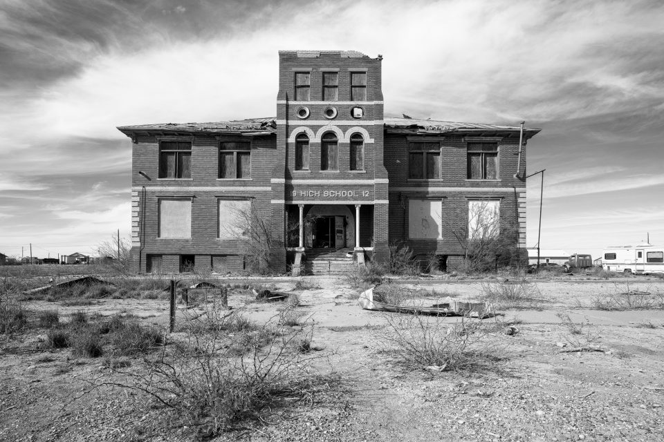 Abandoned 1912 high school building in the small West Texas town of Toyah. Click to buy a fine art print.