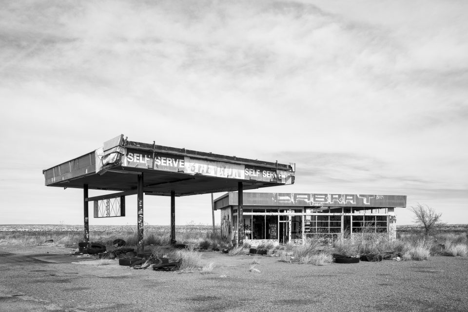 Abandoned and vandalized gas station on the I-40 exit to Glenrio, Texas. Buy a print.