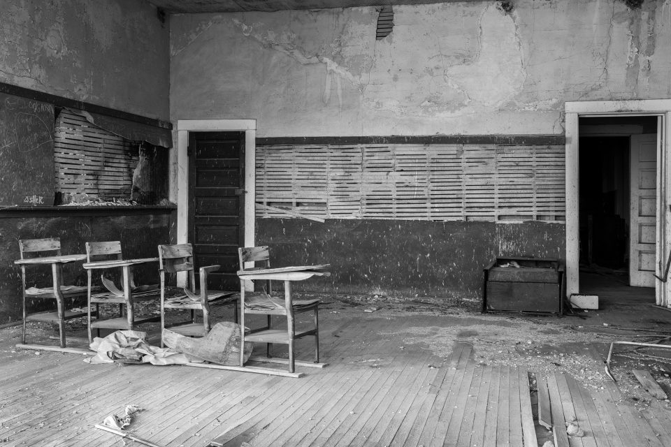 Abandoned Cedarvale School Classroom Interior - Black and White Photograph by Keith Dotson. Click here to buy a fine art print.