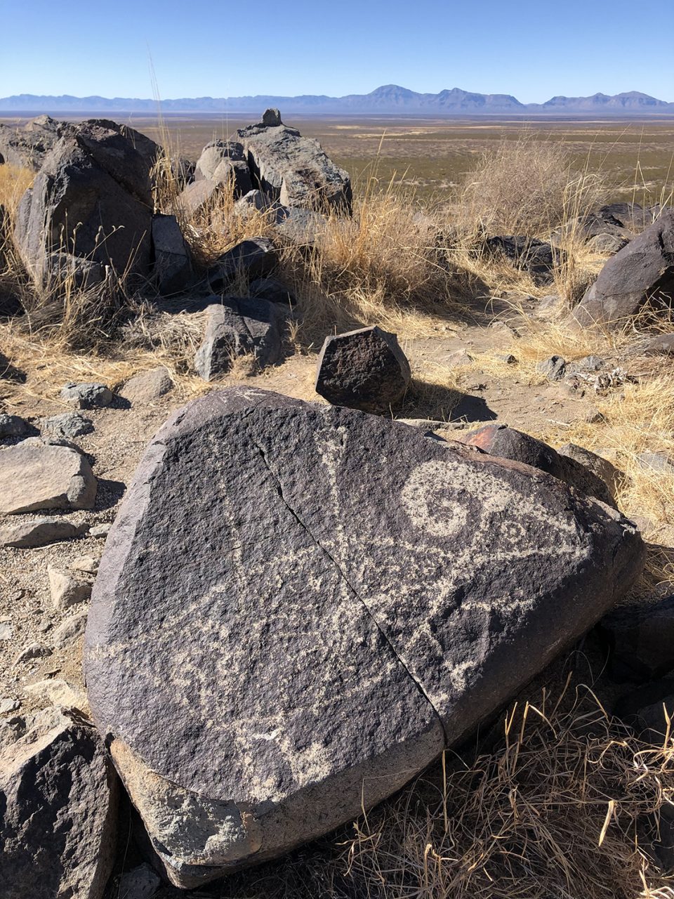 A picture of a ram with arrows in his torso. In the distance is the Tularosa Basin. Three Rivers Petroglyph Site in New Mexico. Photograph by Keith Dotson. Copyright 2022.