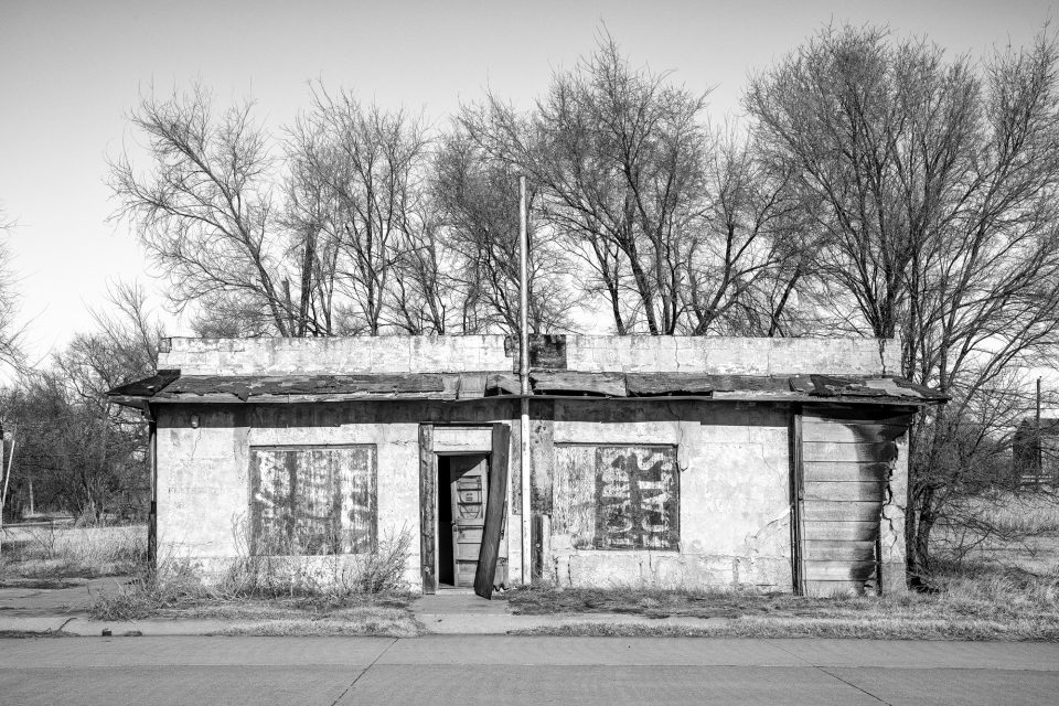 The old Friendly Cafe building on Route 66 in Texola, Oklahoma. 