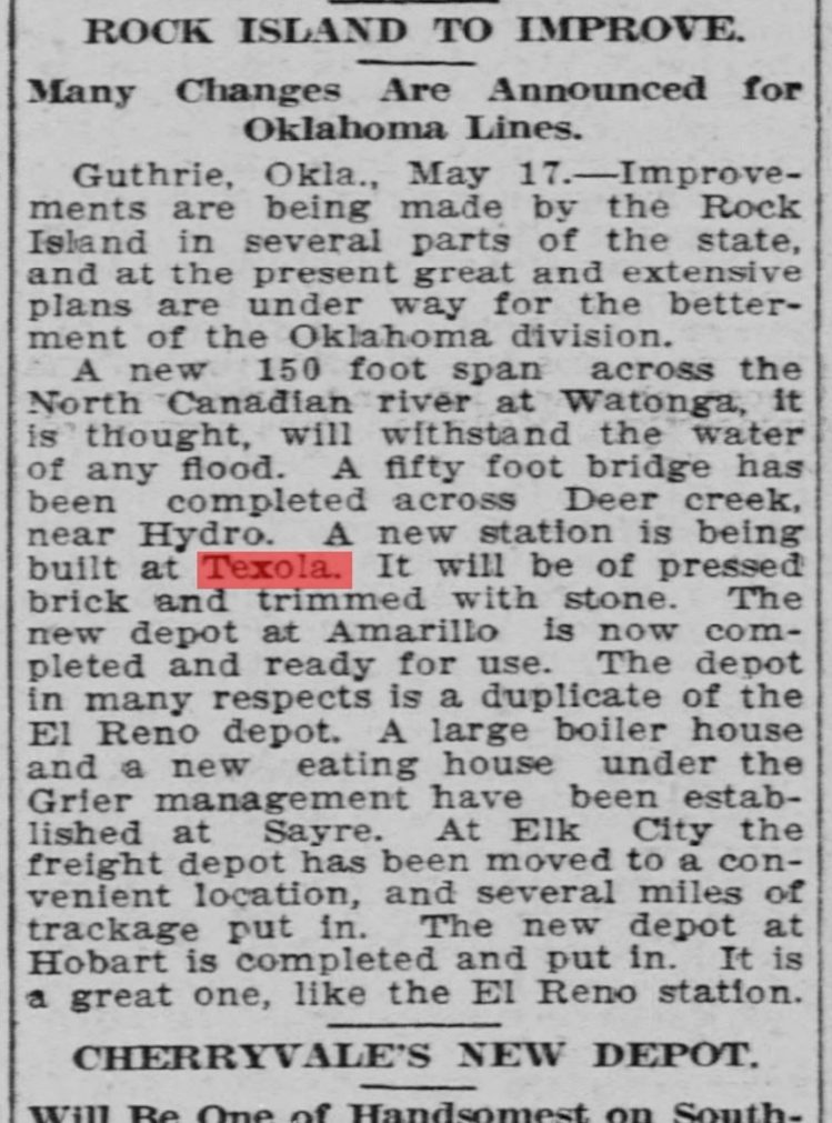 Screenshot of a newspaper article in the Topeka State Journal, in 1909 shows a typical news item referencing Texola from the era. Mostly they were updates on the progress of the rail lines and related construction of depots, etc.