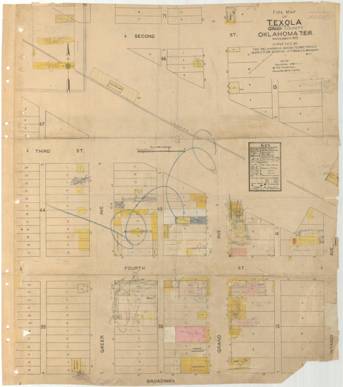 1905 fire map of Texola shows some of the many businesses that lined Grand Avenue. Most of those structures are now long vanished. Map courtesy of the Oklahoma Historical Society.