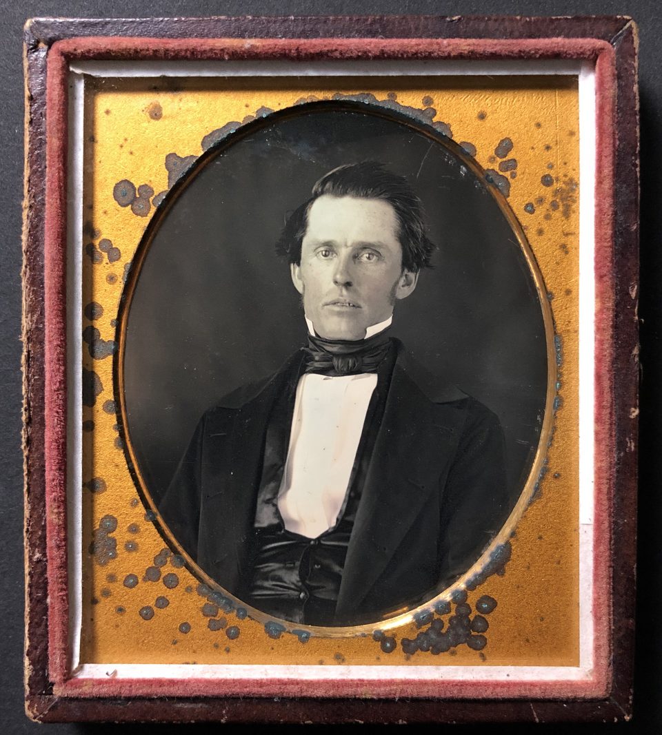 Daguerreotype portrait of a man with what seems to me to be a troubled look in his eyes, circa the 1840s. Photographer, location, and subject are all unknown.