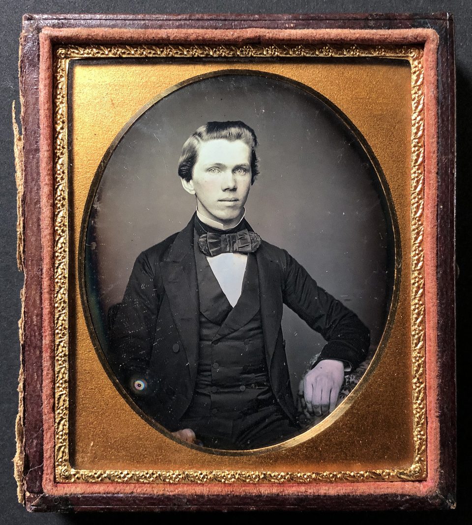 Daguerreotype portrait of a young man, circa the 1840s. Photographer, location, and subject are all unknown.