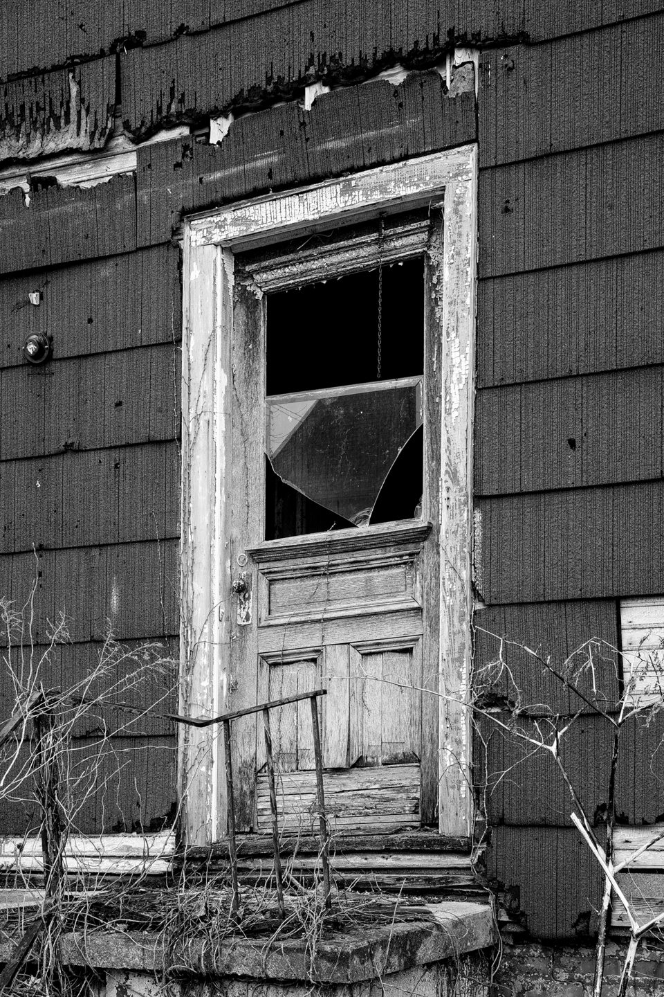 Black and white photograph of a weathered wooden door on an abandoned house in Cairo, Illinois.