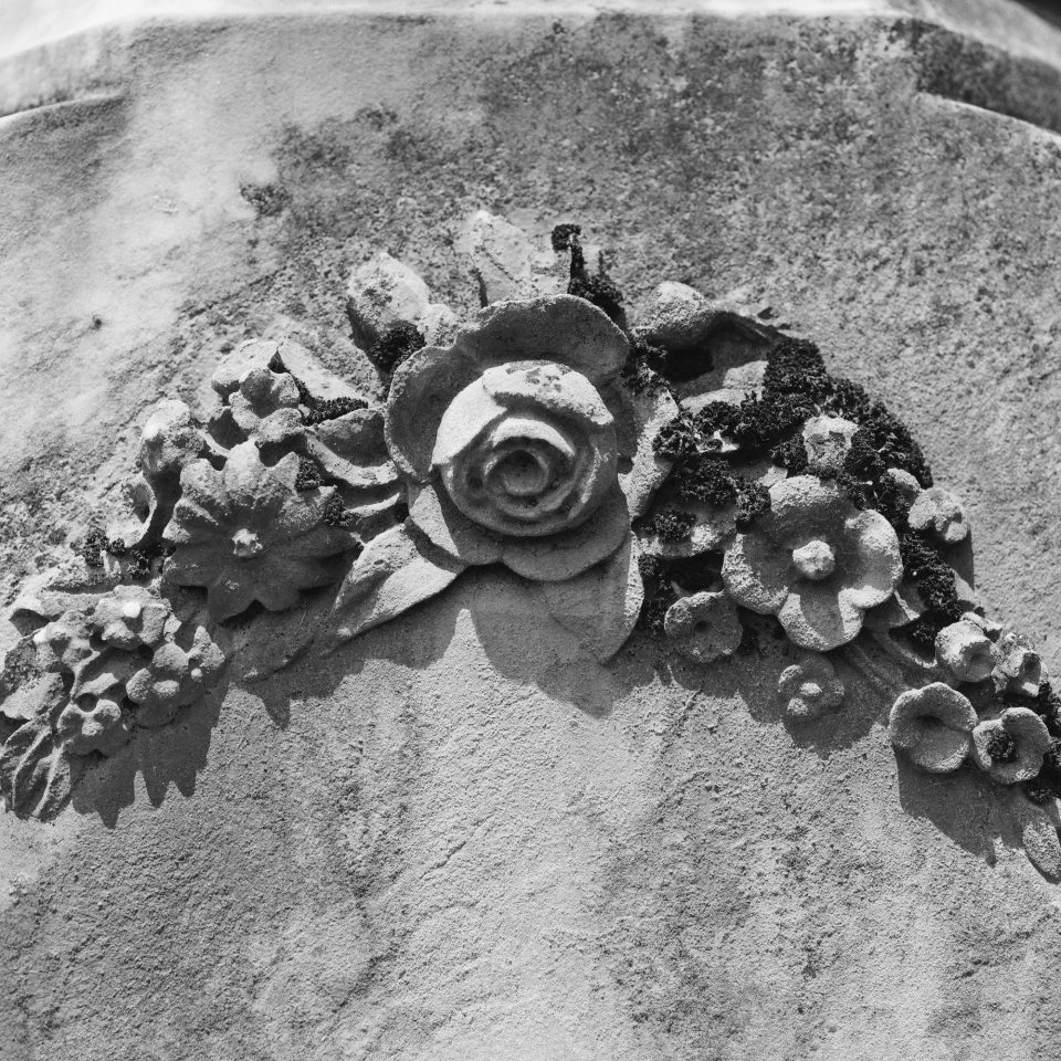 Floral carving on a monument stone in the old city cemetery, established 1812. Black and white photograph by Keith Dotson, shot with Hasselblad 500 C/M, with Cinestill Double X BwXX film.