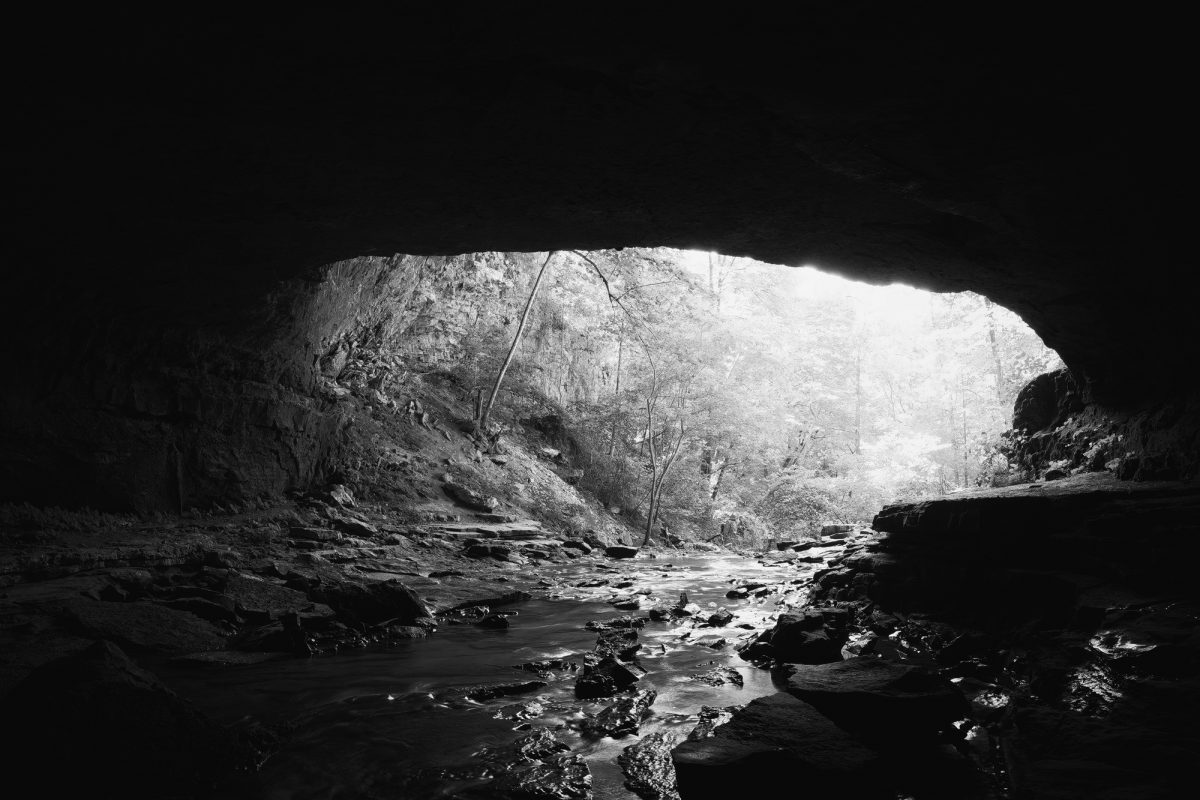 black and white photograph of Buggy Top Cave also called Lost Cove Cave in Tennessee