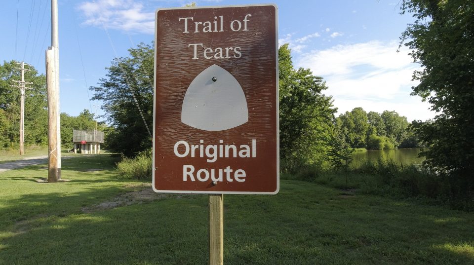 The Trail of Tears Original Route marker located along the path that leads to Old Jefferson.