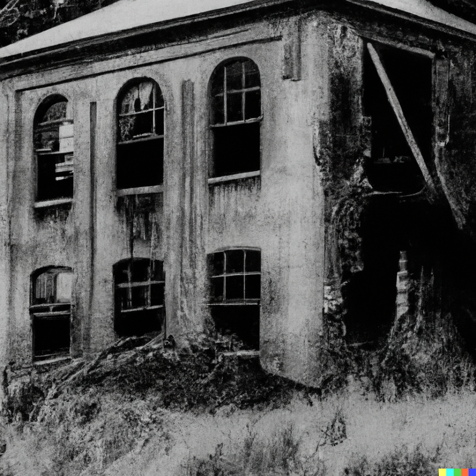 Artificial intelligence art created using the Written prompts: realistic black and white photograph of an abandoned house in the style of Keith Dotson Photography, high resolution, digital art 