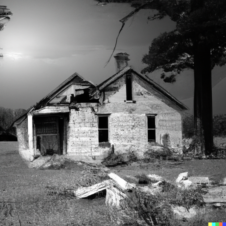AI art created by Keith Dotson on AI using the Written prompts: realistic black and white photograph based on the abandoned house photos by Keith Dotson Photography, high quality digital art
