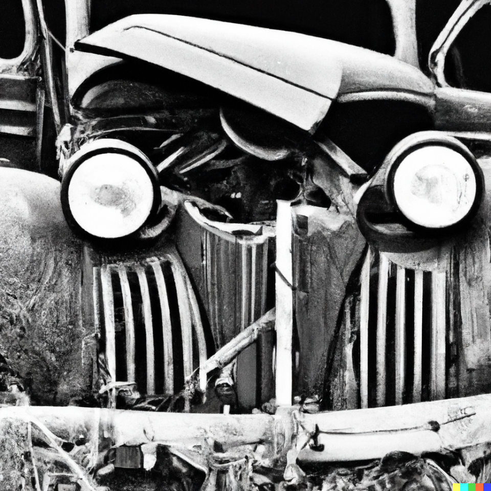 AI art created by Keith Dotson on AI using the Written prompts: realistic black and white photograph based on the rusty antique car photographs by Keith Dotson Photography, high resolution digital art