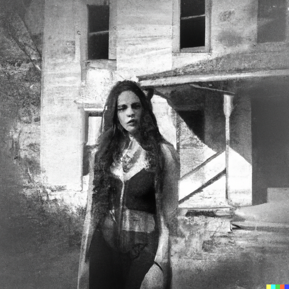 AI art created by Keith Dotson on AI using the Written prompts: realistic black and white photograph of a beautiful woman with long black hair outside an abandoned house in the style of Keith Dotson Photography, high resolution digital art