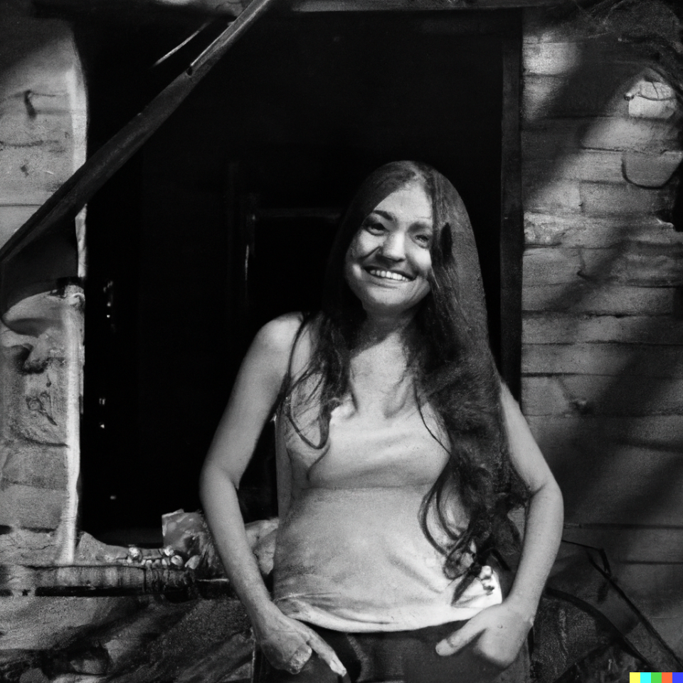 AI art created by Keith Dotson on AI using the Written prompts: realistic black and white photograph of a happy beautiful woman with long black hair outside an abandoned house in the style of Keith Dotson Photography, high resolution digital art