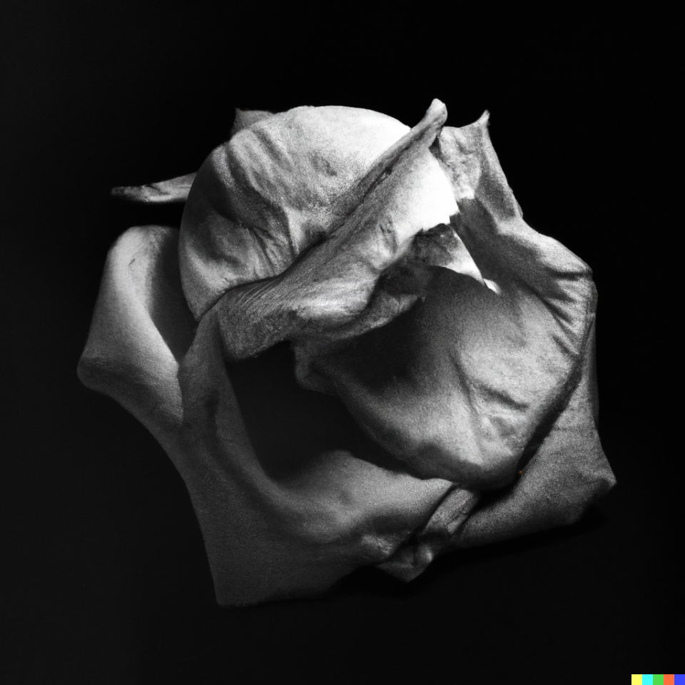 AI art created by Keith Dotson on AI using the Written prompts: realistic black and white photograph of wrinkled white rose on a black background with dramatic light, high resolution, digital art