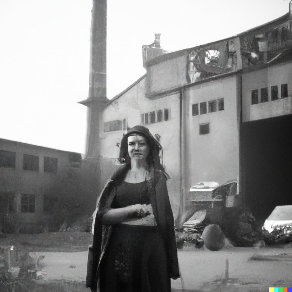 AI art created by Keith Dotson on AI using the Written prompts: realistic black and white photograph of a happy beautiful woman standing in front of an abandoned factory, high resolution, digital art