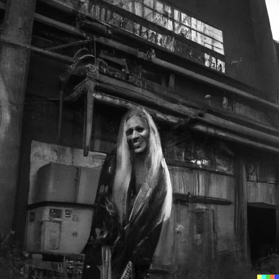 AI art created by Keith Dotson on AI using the Written prompts: realistic black and white photograph of a happy beautiful woman with long blonde standing in front of an abandoned factory, high resolution, digital art