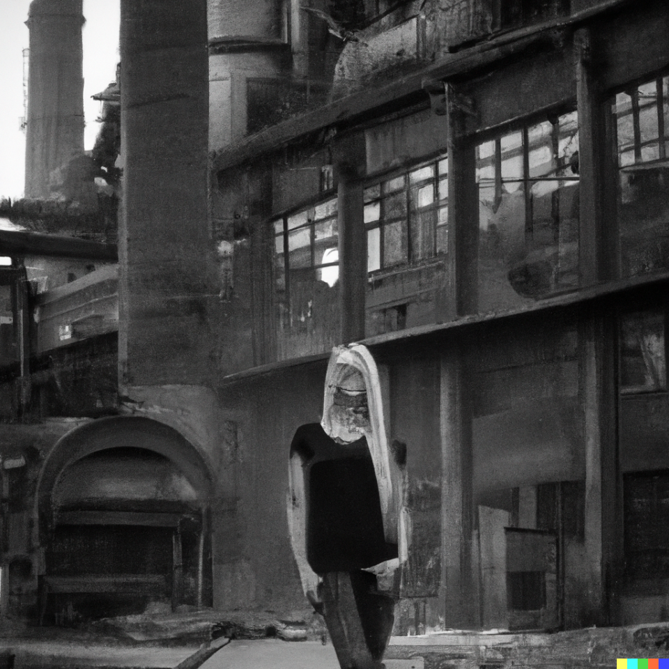 What happened here? AI art created by Keith Dotson on AI using the Written prompts: realistic black and white photograph of a happy beautiful woman with long blonde standing in front of an abandoned factory, high resolution, digital art