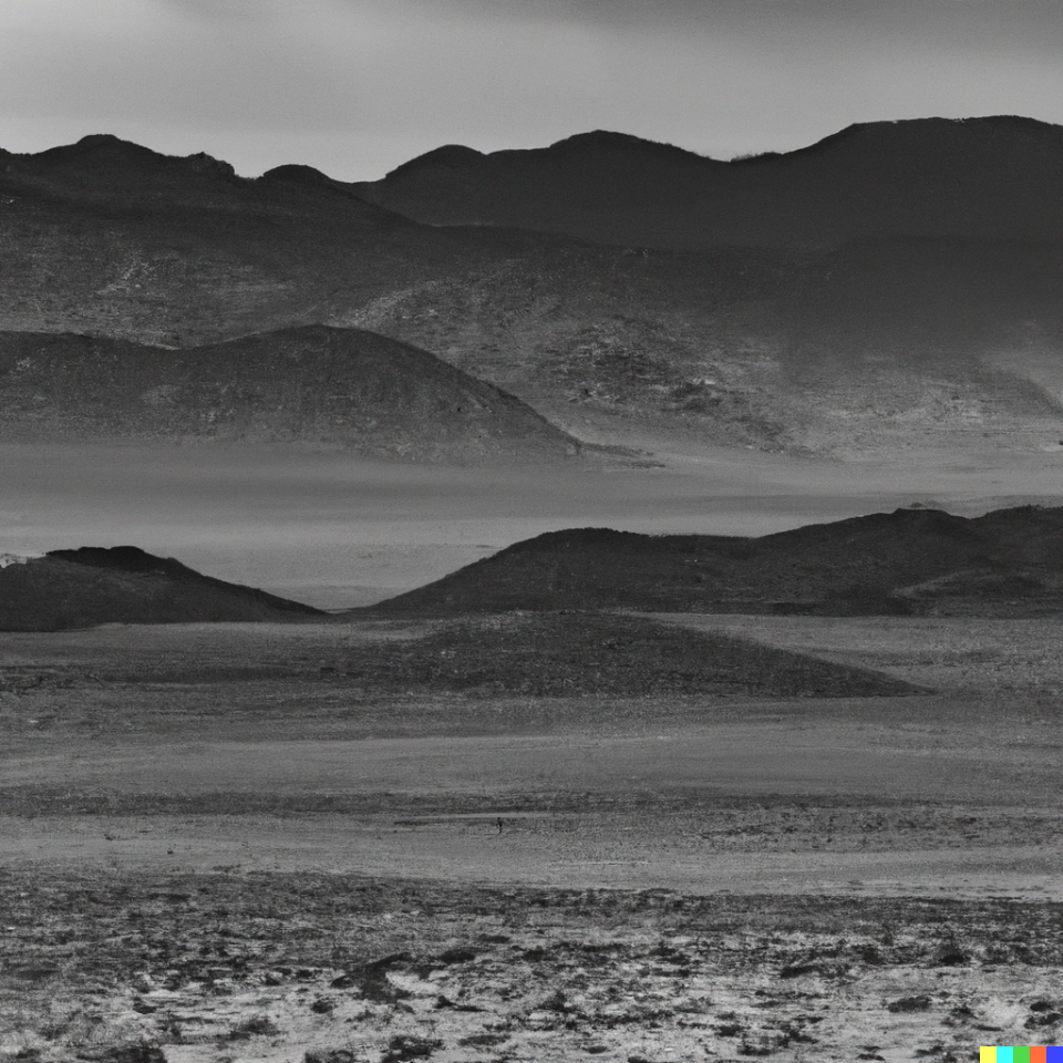 AI art created by Keith Dotson on AI using the written prompts: wide panoramic desert landscape with dark mountains on the horizon, looks like dramatic black and white photograph.