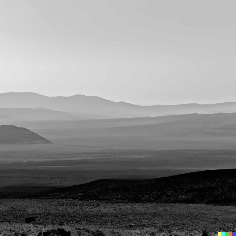 AI art created by Keith Dotson on AI using the written prompts: wide panoramic desert landscape with dark mountains on the horizon, looks like dramatic black and white photograph.
