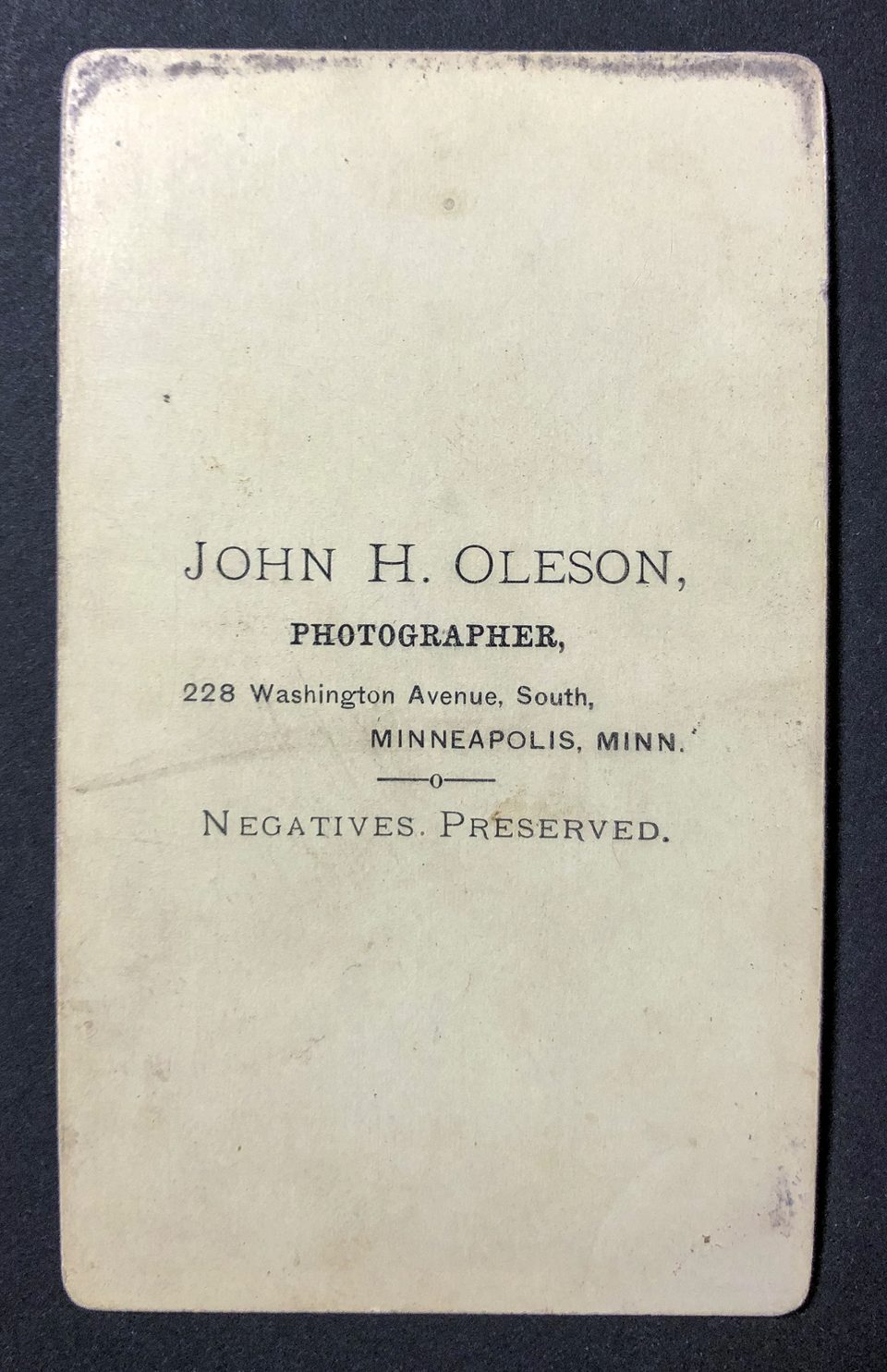The reverse of the carte de visite says Hohn H. Oleson, 228 Washington Avenue South, Minneapolis, Minn., Negatives preserved.