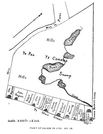 Circa 1700 map of Salem Common shows the location of hills and ponds that were natural to the site prior to their removal in 1801.