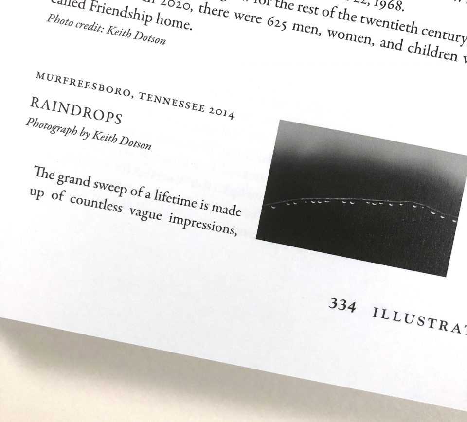 Text from one of my blog posts was quoted in the book notes about my photograph "Row of Raindrops" in Ken Burns' One America: A Photographic History.