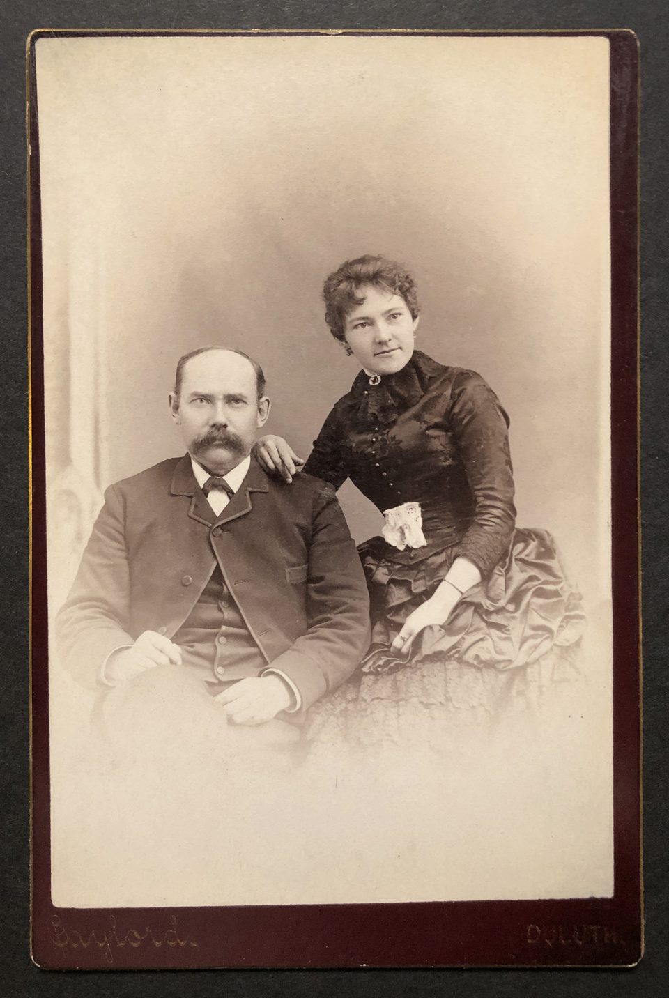 Cabinet card portrait of a couple by the Gaylord Studio in Duluth, possibly 1880s.