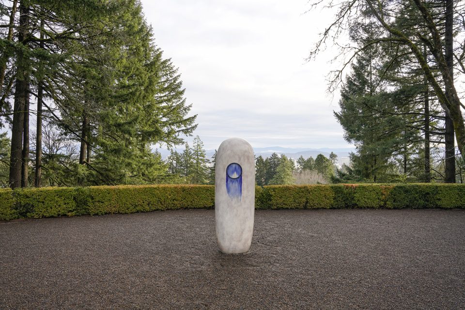 An untitled ceramic sculpture by Jun Kaneko, seen at the Mt. Hood Overlook in the Portland Japanese Garden