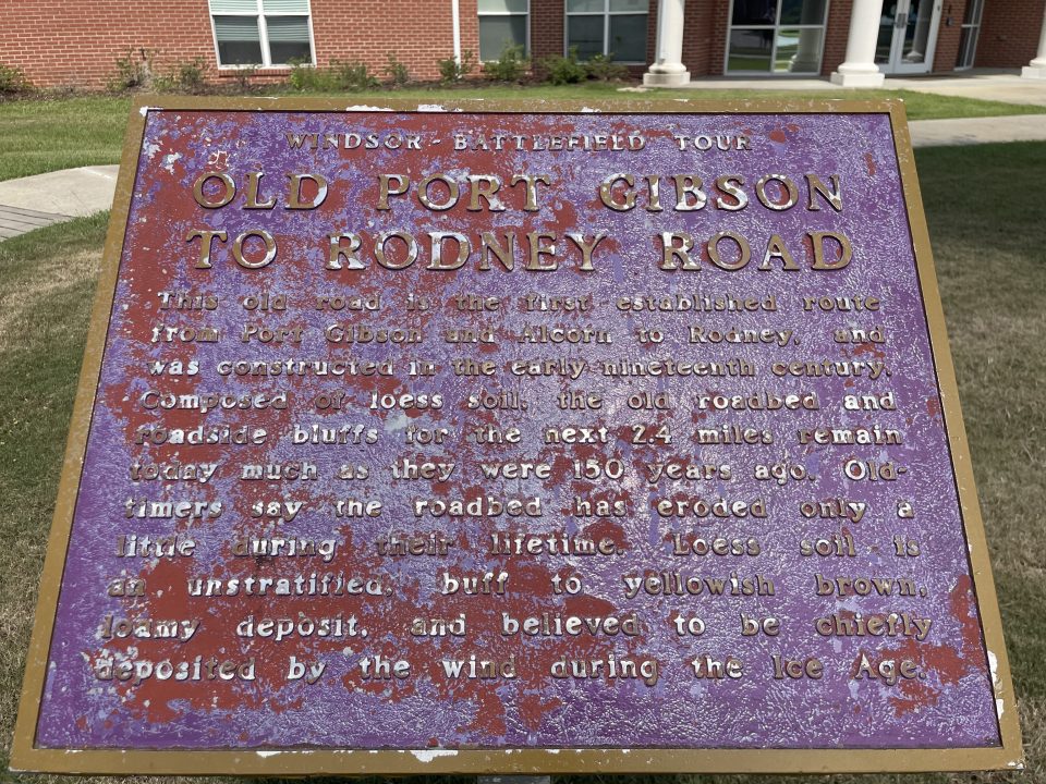 Historical marker on the campus of Alcorn State University in Mississippi, that gives information about the historic Port Gibson to Rodney Road