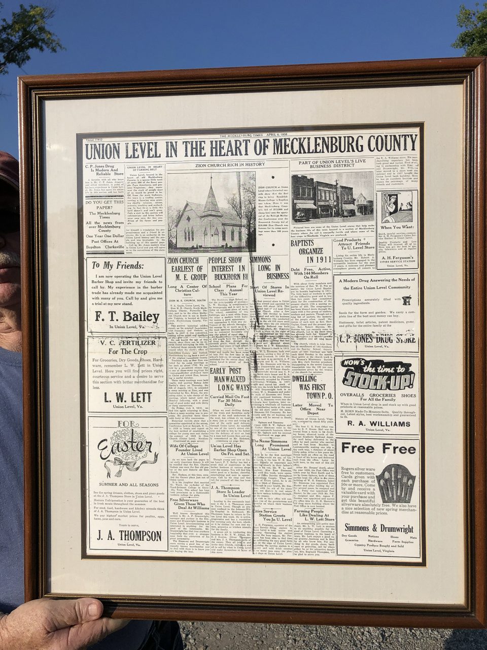 Close-up look at a page from the April 1938 Mecklenburg Times newspaper with ads and stories about Union Level, Virginia.