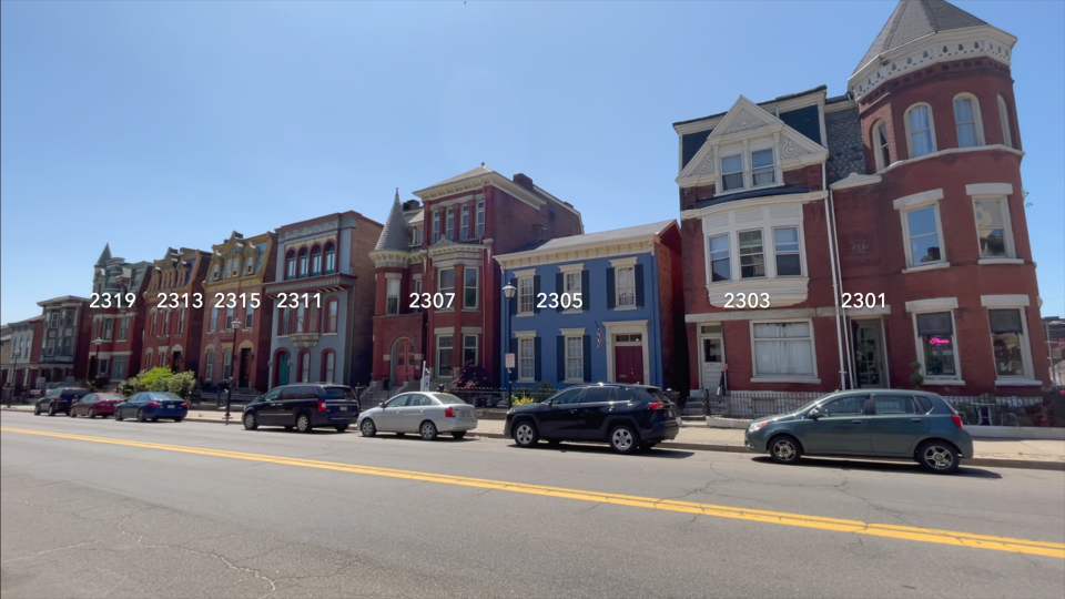 This screen shot from the video shows house numbers of the historic mansions on Chapline Street that we will discuss in detail below.