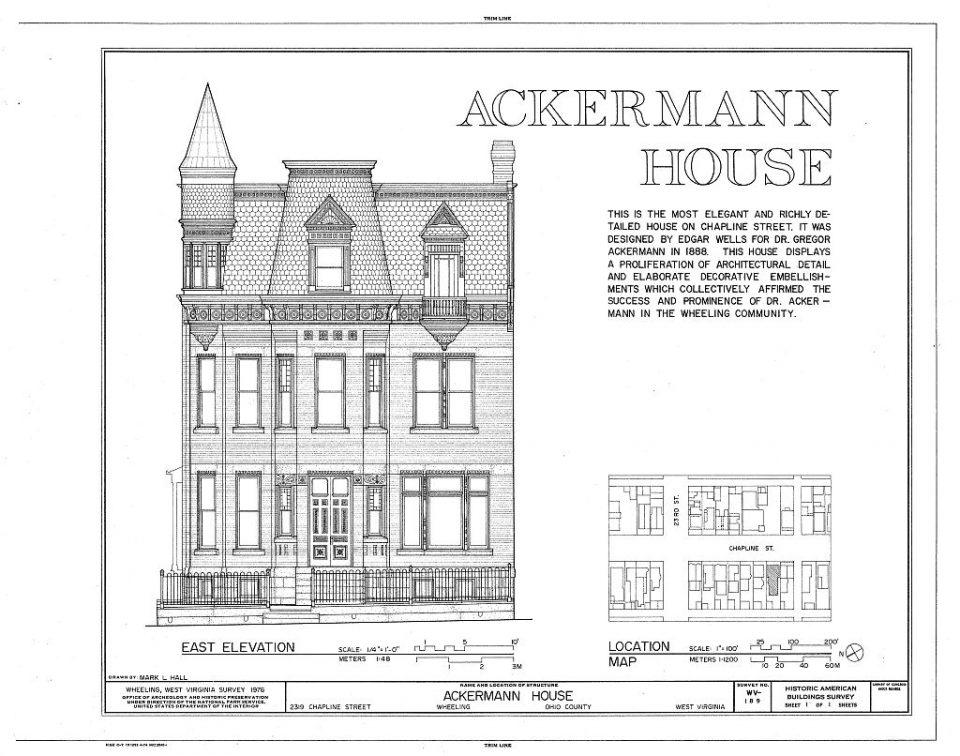 Front elevation of the Ackermann house on Chapline Street in Wheeling, West Virginia. Courtesy of the Library of Congress (Link)